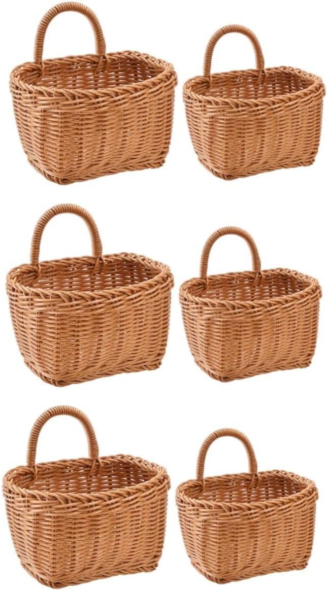 6pcs Woven Wall Hanging Baskets for Garlic Ginger Fruits Flowers Versatile Storage Rattan Material for Kitchen Organization and Home Decor