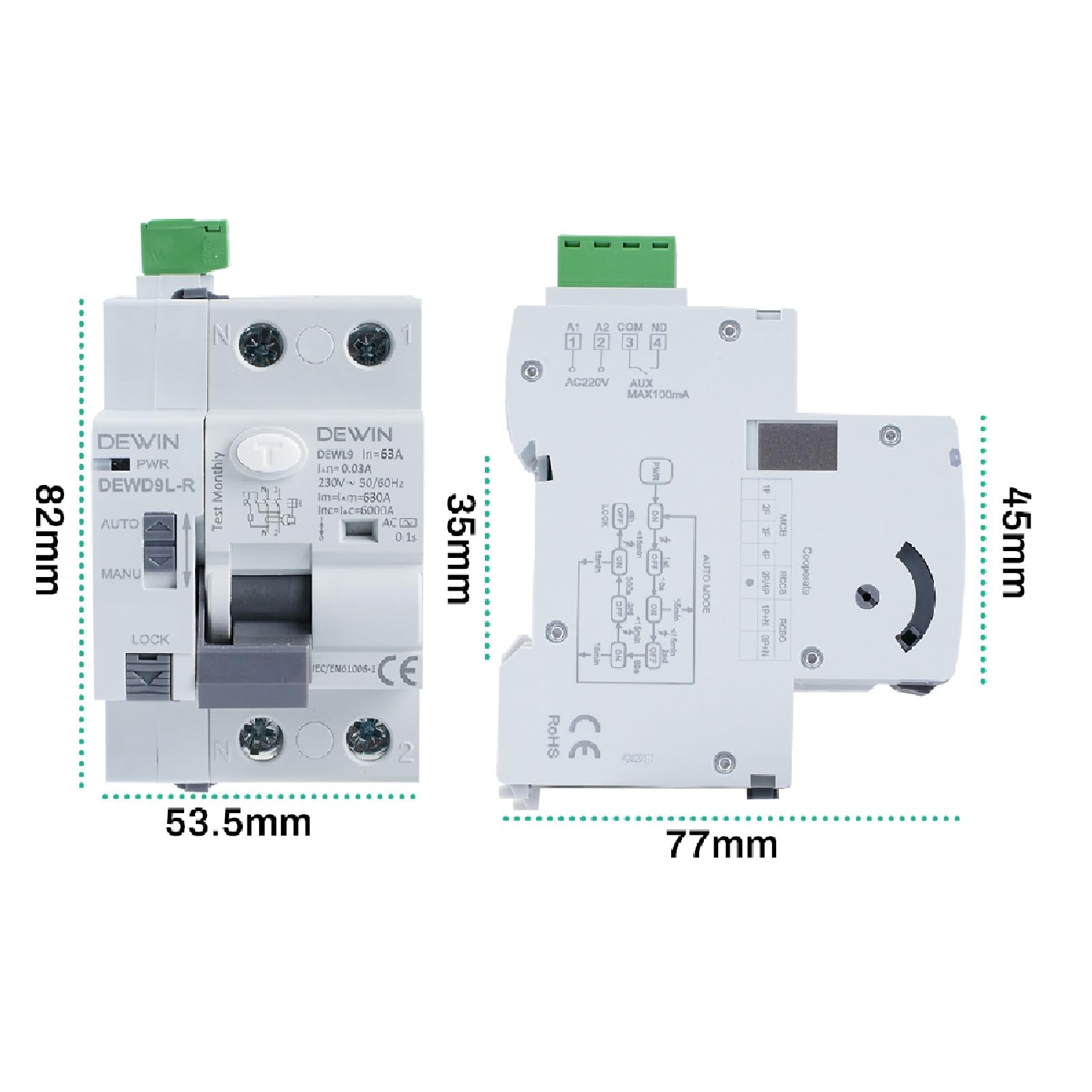 Salvavita con Riarmo Automatico Differenziale Riarmo Automatico Magnetotermico Differenziale 63A Riarmo Automatico Dispositivo di Riaccensione 2P AC 230V 63A 30mA