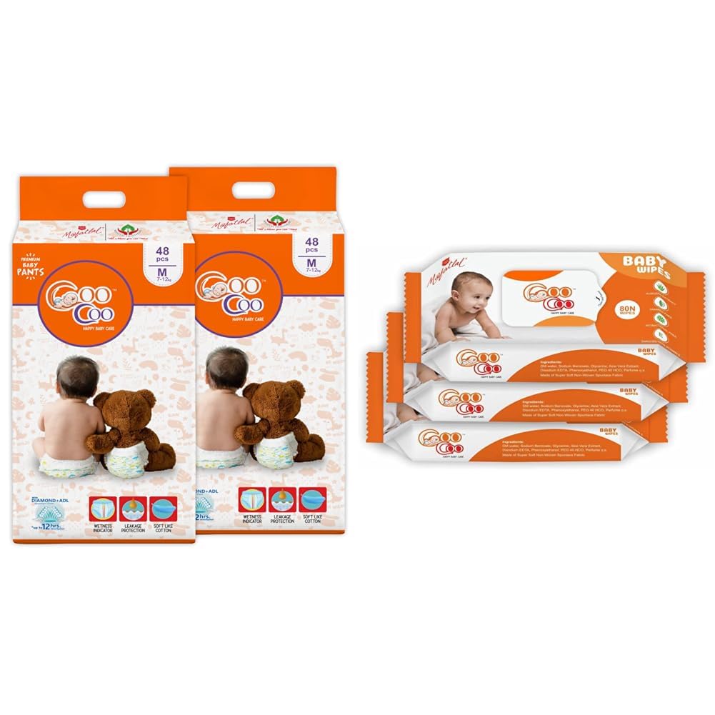 CooCoo Baby Diaper Medium M(96 Count) & Baby Wipes(240 Count) Combo