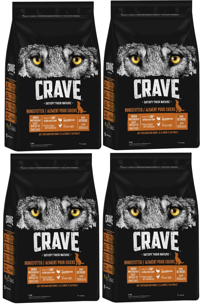 CRAVE Hund Beutel Hundefutter Trockenfutter - Verschiedene Größen und Geschmacksrichtungen (4X 2,8kg, Truthahn & Huhn)