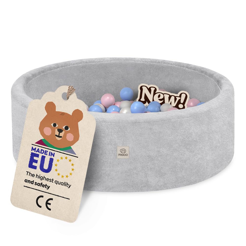 MISIOO Piscina con palline per bambini, 90 x 30 cm, con 200 palline da 6 cm di diametro, rotonda, in morbida schiuma, rivestimento rimovibile e lavabile, per interni