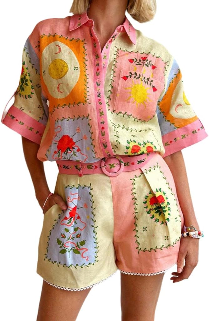 Wuitrie Two Piece Short Set for Women Casual Short Sleeve Collar Button Shirts Elastic Waist Shorts with Belt Lounge Sets