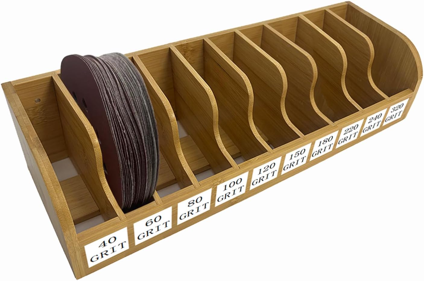 Bamboo Sandpaper Holder & Organizer - Pre-Assembled Storage for 5 Inch Sanding Discs, Sanding Blocks & Saw Blades | Compact & Durable Woodworking Tool Accessory (10 bins)