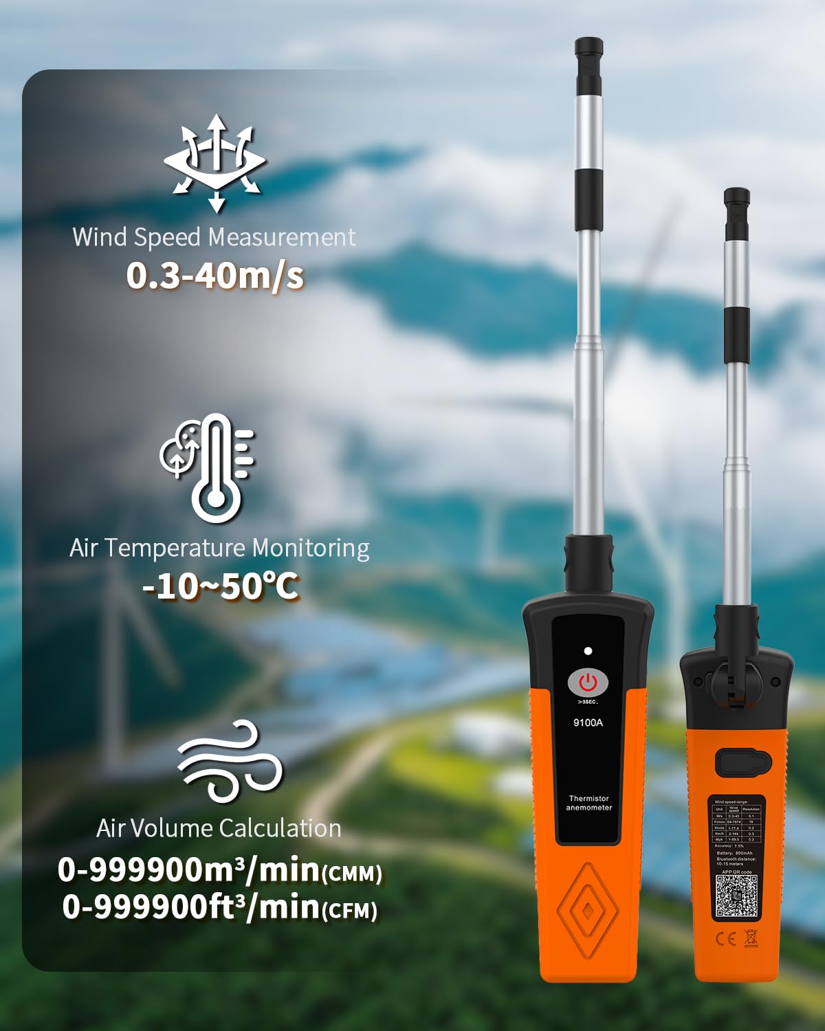 Thermal Anémomètre à fil chaud, XF-9100A CFM Débitmètre Bluetooth APP Connection, Anemometer extérieur avec sonde télescopique Wind Meter thermique pour CVC, drones, voile