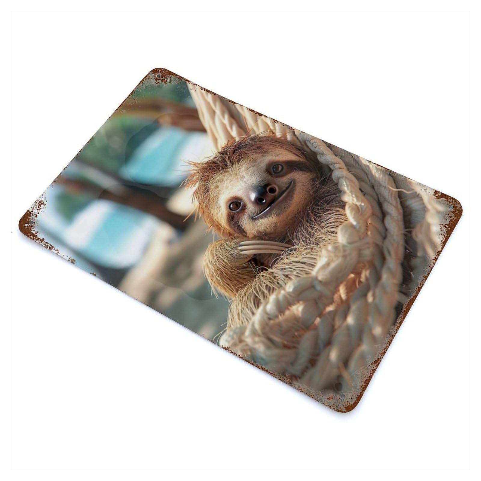 Sloth in A Hammock Weathered Tin Sign 11.8"x7.9", Ideal for Shed, Workshop And Garage Wall Decor