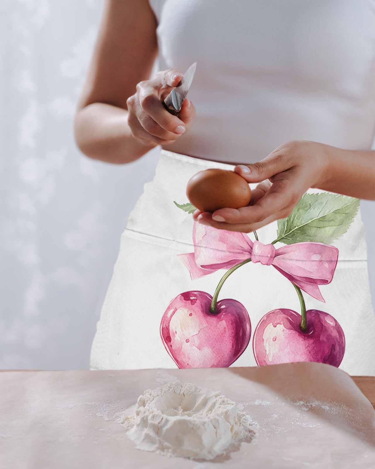 PIEPLE Cherry Bow Server Apron Waitress Aprons with 3 Pockets, Spring Fruit Painting Plant Leaf Watercolor Half Waist Waiter Aprons Restaurant Chef Aprons for Women Men