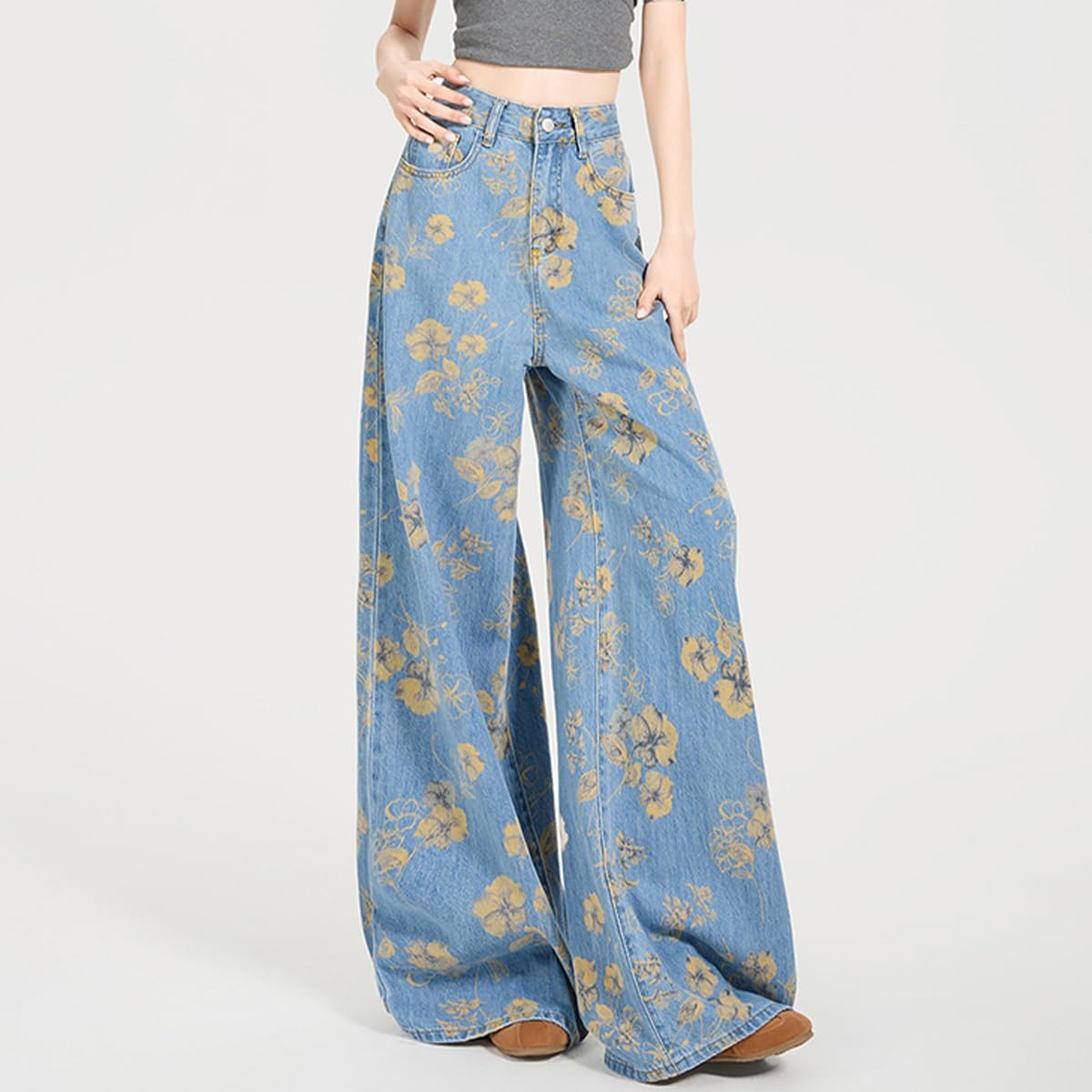 Fashion Casual Women's Jeans High Waisted Y2K Vintage Cute Floral Printed Streetwear Baggy Denim Pants - Image 3