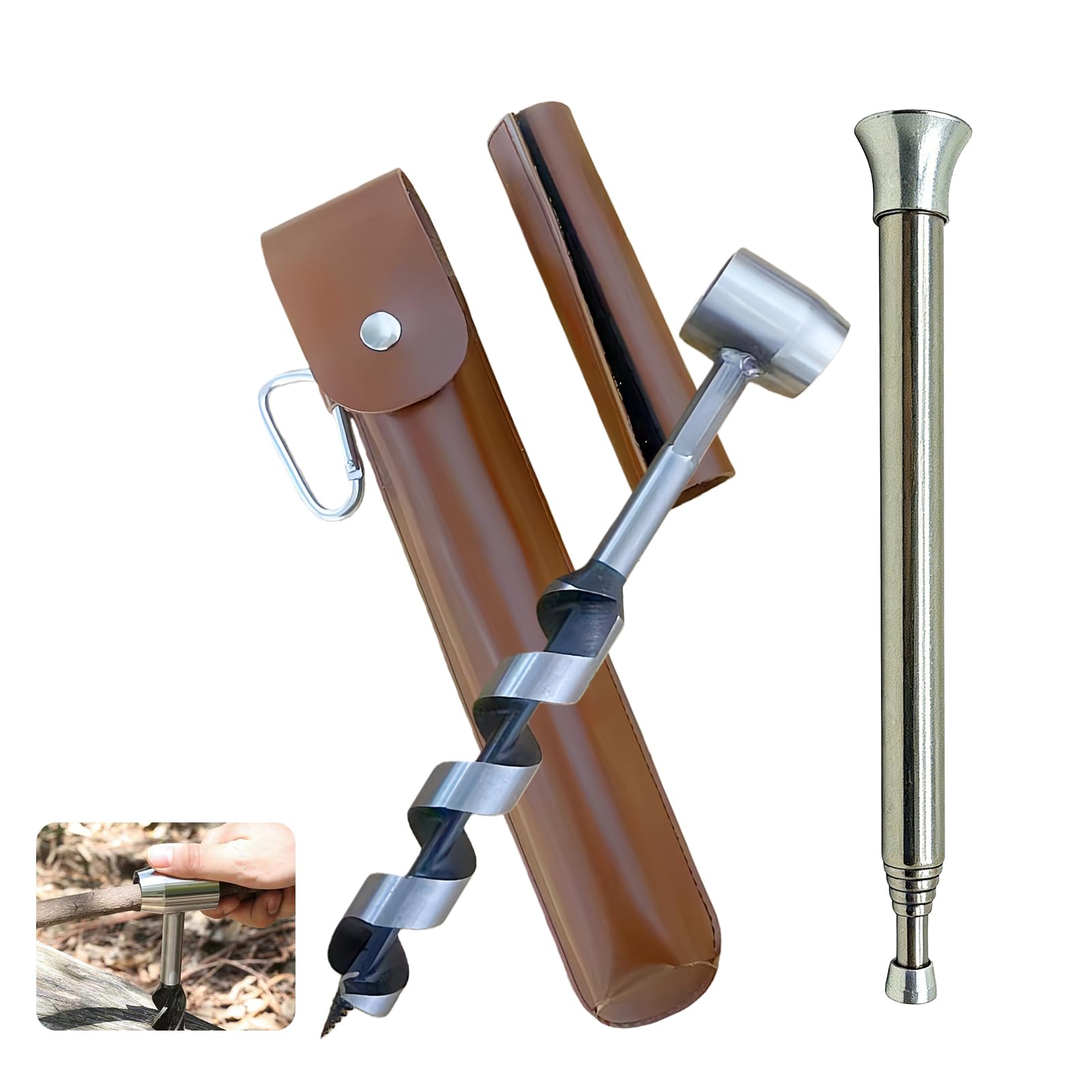 Bushcrafts Hand Auger, Handbohrer Bushcraft, Holzbearbeitung Handbohrer, Schlangenbohrer Bushcraft Mit Holster Und Blow Fire Tube Für Camping, Bushcrafts Und Outdoor Backpacking