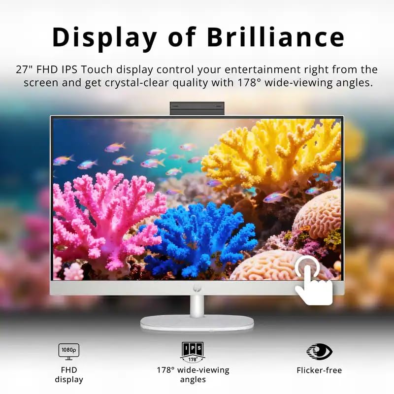 Image of HP 27 inch Touchscreen All in One Desktop Computer, Intel Ultra 7 255U, 27 inch FHD Touchscreen Anti-Glare Display, 64GB DDR5, 4TB SSD, Intel AI Boost (12 NPU Tops), Windows 11 Pro, Wireless KB & Mouse
