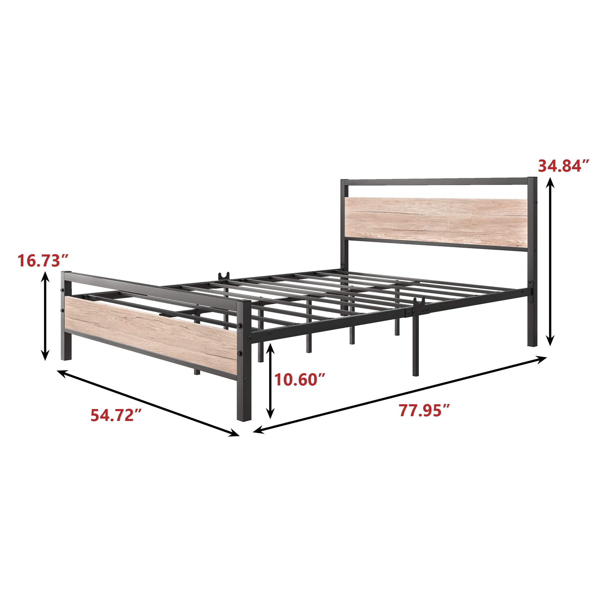 Lundy Living Black is Full Size Bed Frame with Wood headboard,Rustic Metal Platform Bed Frames Full,Industrial Bed Frame with Storage No Box Spring Needed,Mattress Platform with Steel Slat Support,Oak Color