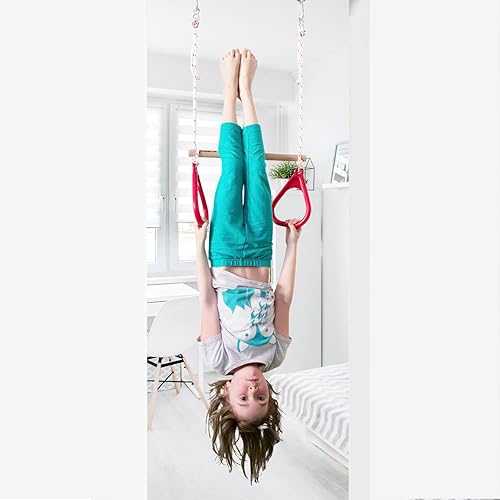 Miniatura 2 de DreamGYM Doorway Sensory Swing Kit - Columpio de compresión azul y barra de trapecio con anillos rojos de gimnasio