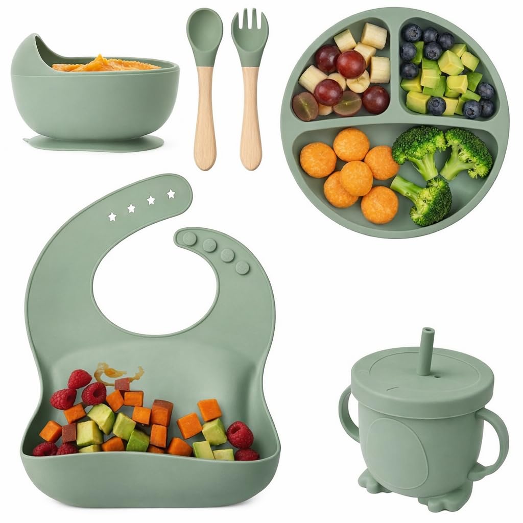 6 PCS Silicone Baby Feeding Set for Babies 6+ Months, BPA Free | Food Grade Silicone Suction Bowl, Suction Plate, Training Spoon & Fork, Sippy Cup with Straw & Lid, Dishwasher Safe, Green-image-9