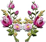 Pink roses pair flowers floral bouquet boho embroidered appliques iron-ons patches new