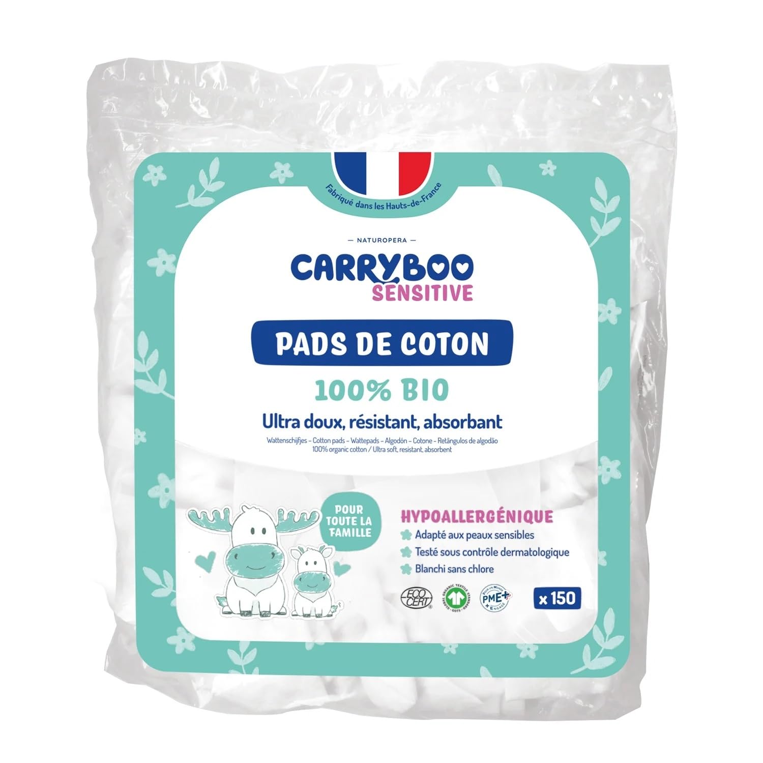 CARRYBOO - 150 Coton Pads Bébé 100% Bio - Ultra Doux pour Peaux Sensibles - Hypoallergénique - Change & Toilette - Fabriqués en France