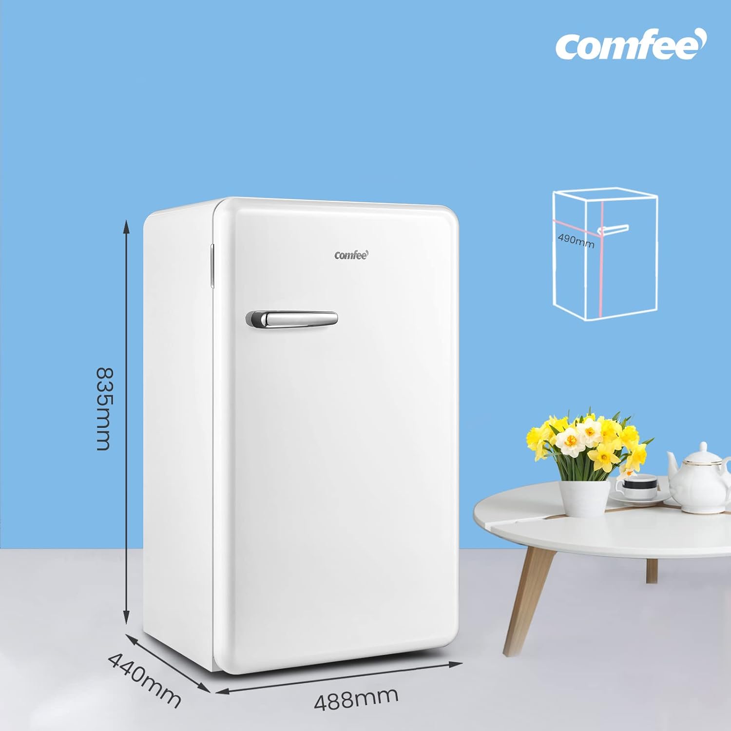 COMFEE RCD93DKRT1(E) 93L frigorifero piccolo mono porta, design Retrò, Altezza 83,5 cm, 107 kWh/anno, temperatura regolabile, piedini regolabili, basso rumore, adatto per casa e ufficio | Nero [Classe di efficienza energetica F]