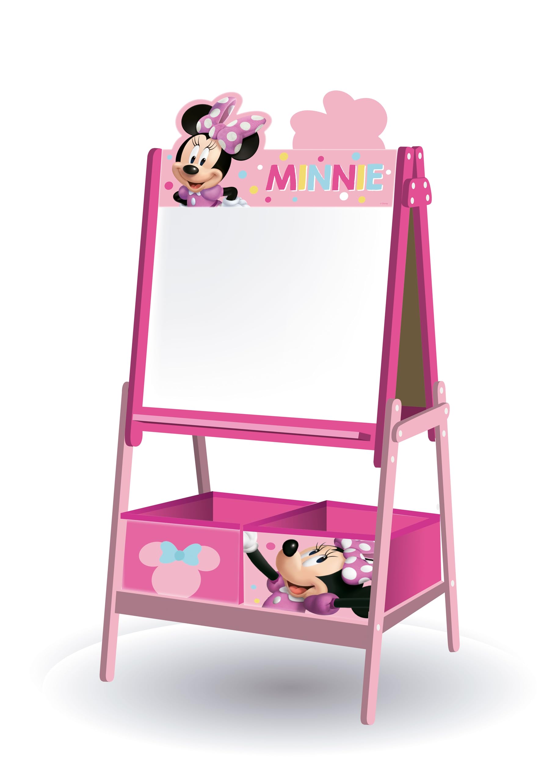 ARDITEX - Pizarra infantil de Disney Minnie Mouse con doble superficie para uso de tiza y rotulador y 2 contenedores textiles para almacenaje - 54x45x117cm - Contenedores de 24x30x15cm - Color rosa