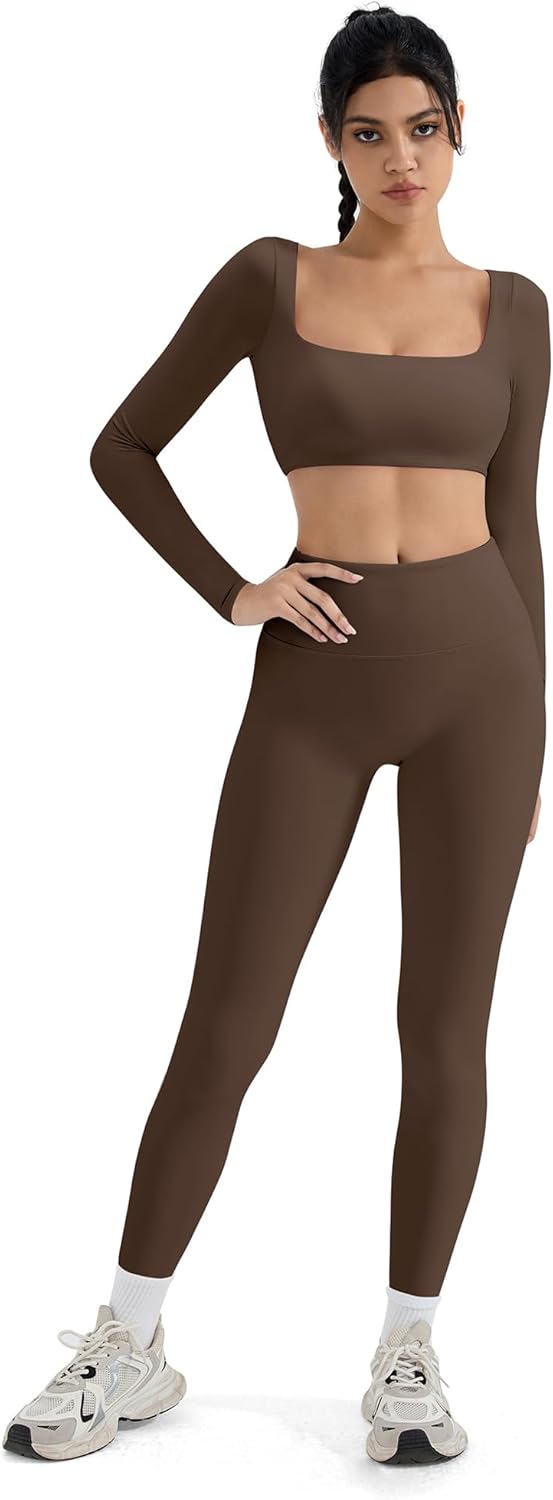 SUUKSESS Women 2 Piece Workout Sets Compression Tummy Control Leggings with Pockets Long Sleeve Square Neck Padded Crop Tops - Image 7