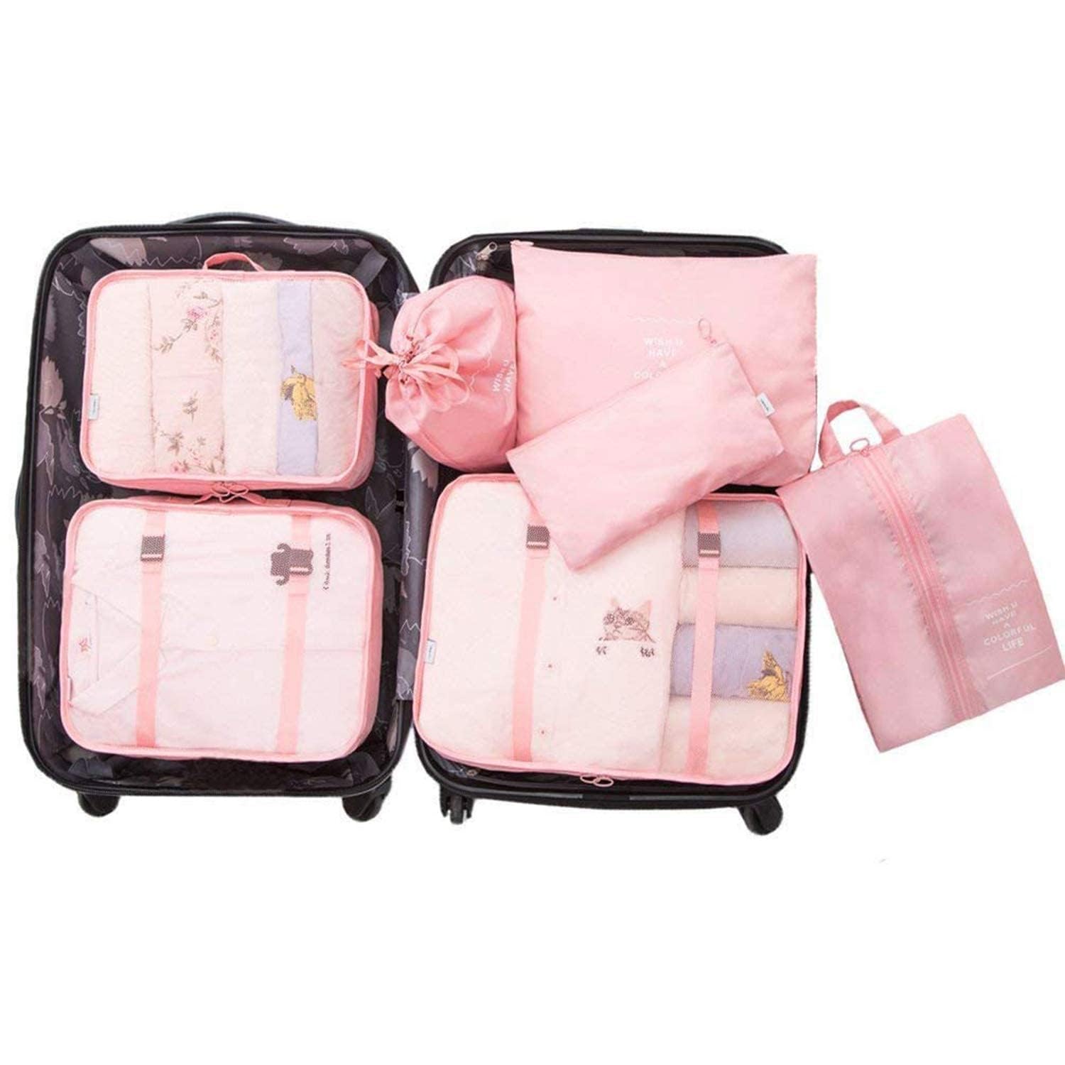 GOPINATH ECOM 7 in 1 Travel Organizer Bag Set Pink Nylon Packing Cubes Luggage Makeup Toiletry Shoe Laundry Drawstring Lightweight Durable 1