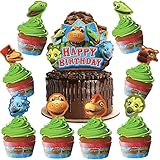 Treasures Gifted Officially Licensed Dinosaur Train Birthday Party Supplies - Cake Topper Set - 1 Dinosaur Train Topper & 24 Dinosaur Cupcake Toppers & Wrappers - Dinosaur Party Cake Decorations