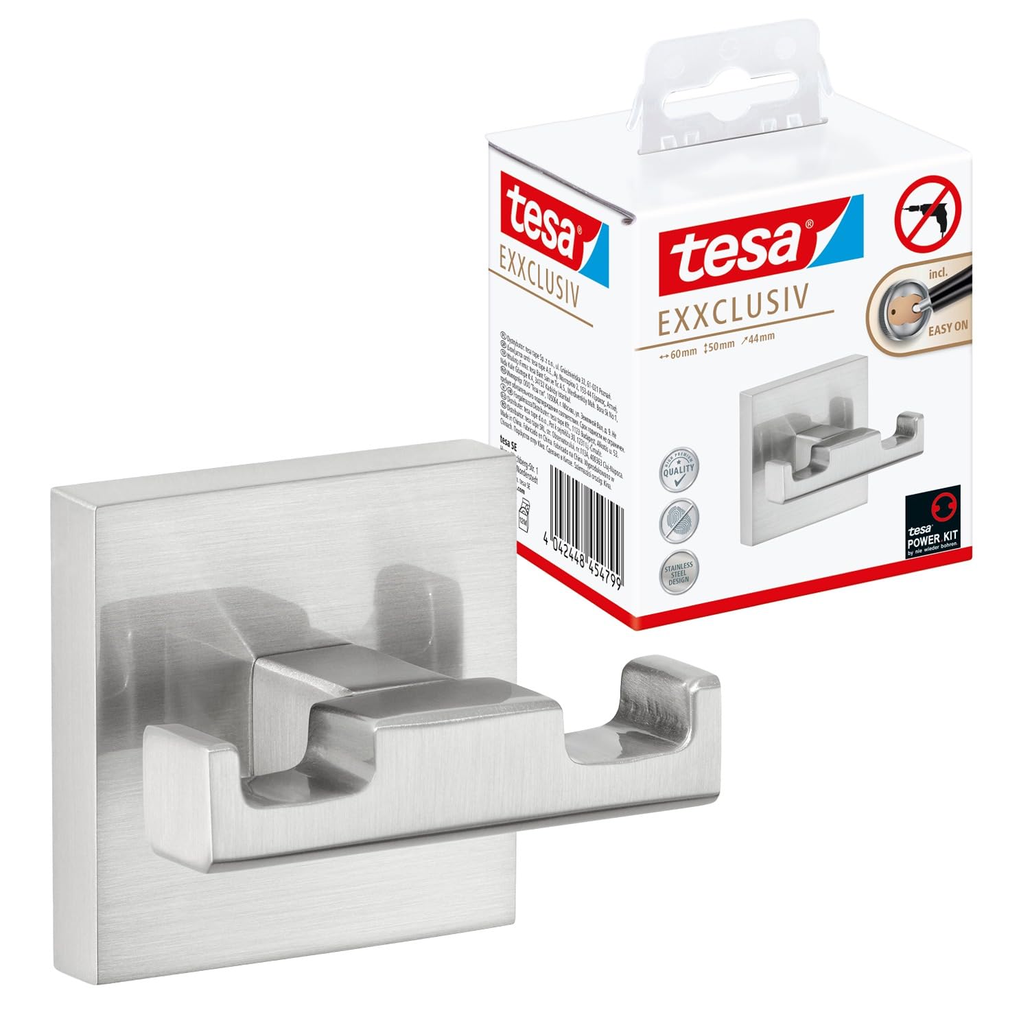 tesa EXXCLUSIV Double Robe Hook - Self-Adhesive Bathrobe Hook in Stainless-Steel Design - Wall-Mounted Dressing Gown Holder - Waterproof, incl. Power.Kit Adhesive Solution - 50mm x 60mm x 44mm