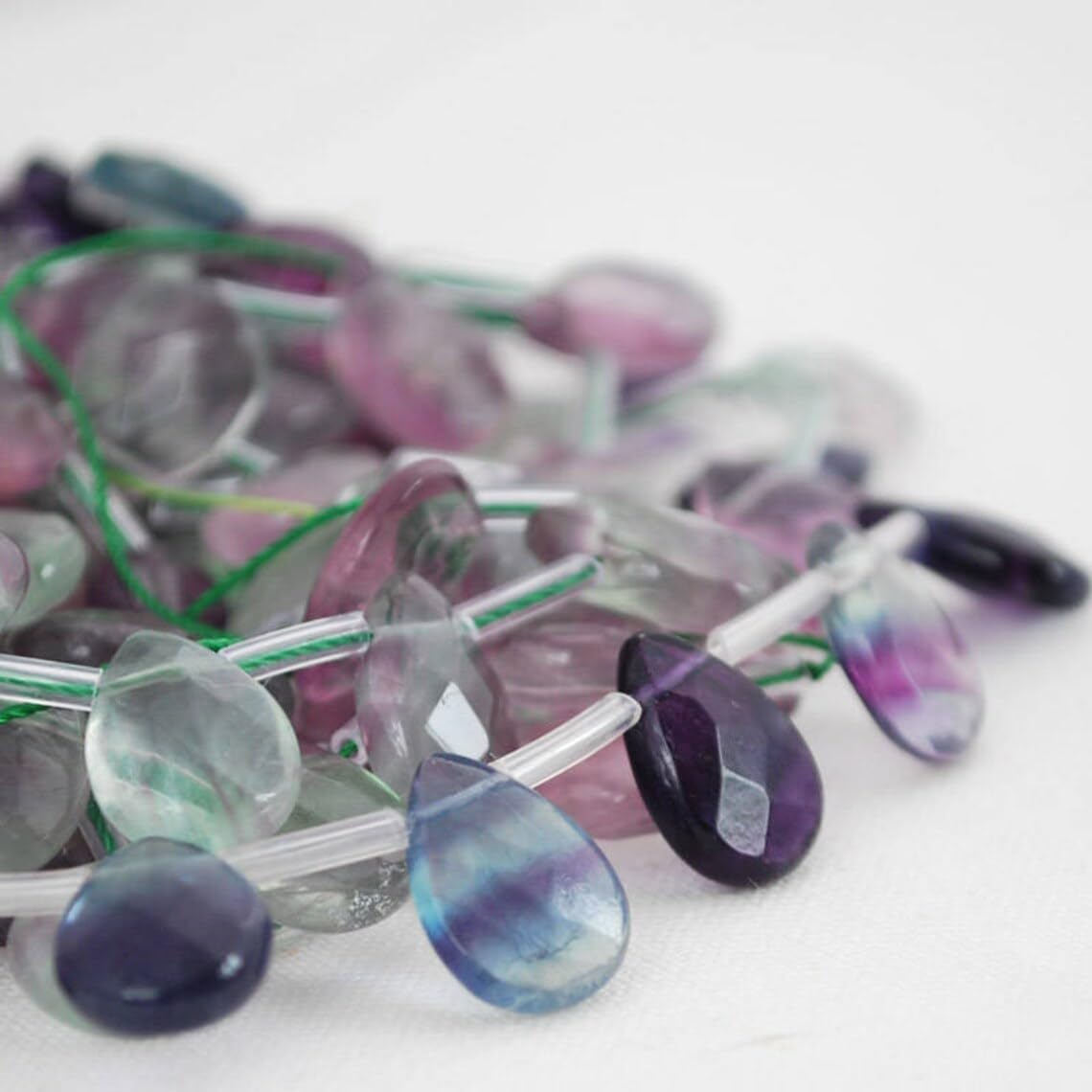 10 Rainbow Fluorite Semi-Precious Gemstone Faceted Teardrop Beads - 12mm x 8mm