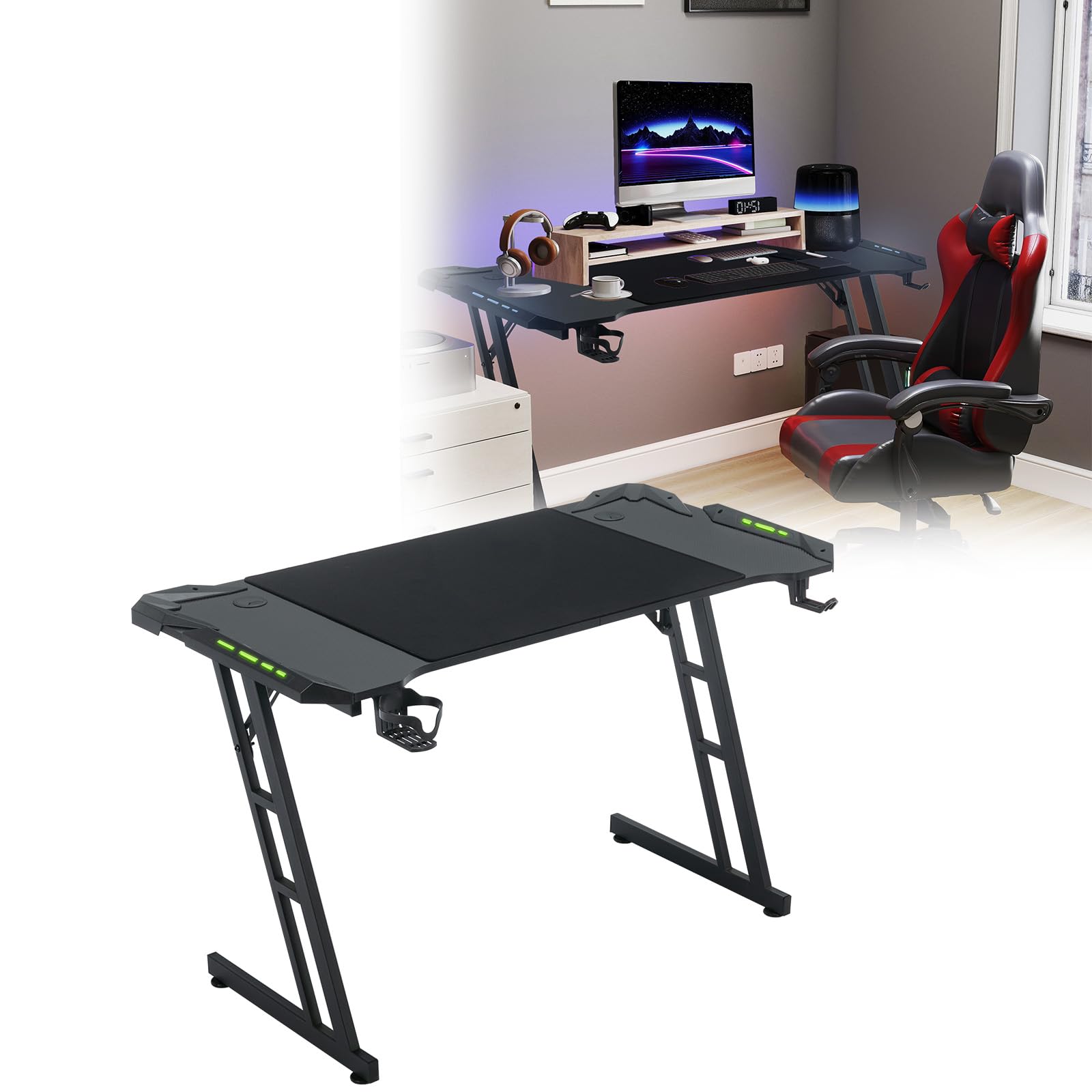 LILIIN Stolik gamingowy z oświetleniem LED RGB lub bez niej, biurko gamingowe, stolik komputerowy z płyty z włókna węglowego, stabilny stół roboczy z hakiem na słuchawki i uchwytem na napoje (140 x 60