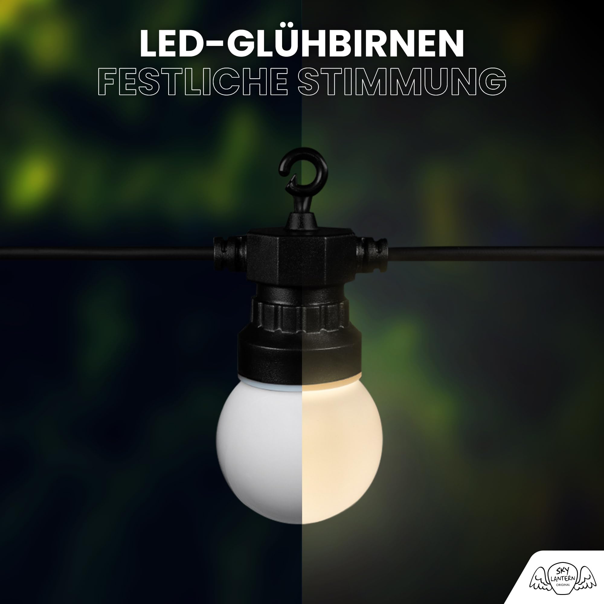 SKYLANTERN® Partylichterkette 10m Außen weiß – 20 E27 Glühbirnen – wetterfest – Romantische LED Lichterkette für Garten & Terrasse