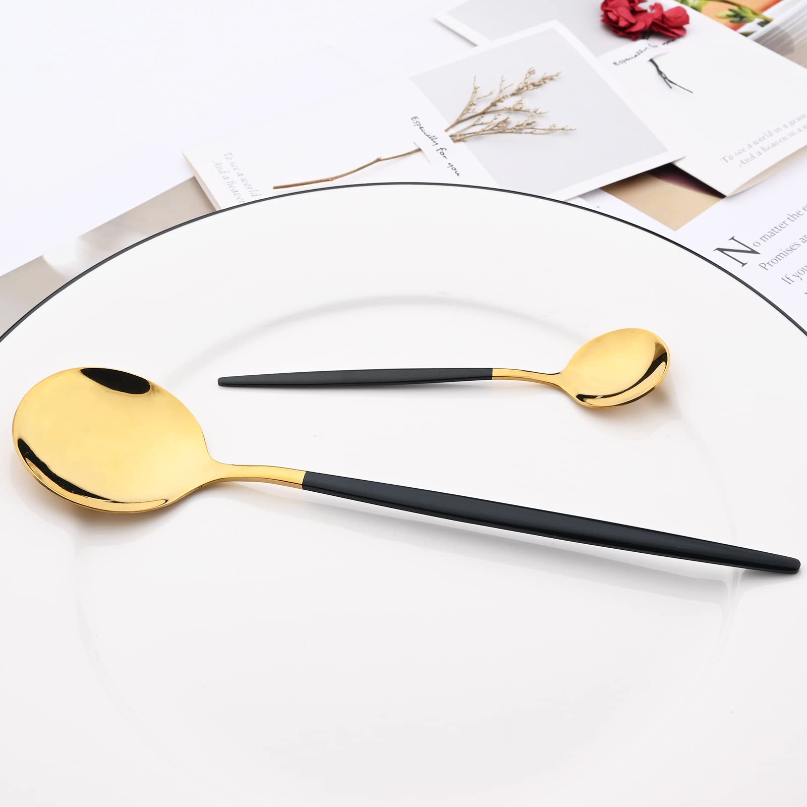 Set di posate a specchio, 24 pezzi in acciaio inox 18/0, con manico nero, semplice e moderno, per casa, feste, ristoranti, cene di Natale, servizio per 6 (oro nero)