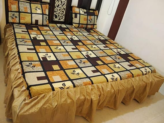 Agarwal Collections Fitted Elastic King Size Bedsheet with Frill Double Bed Glace Cotton (Multicolor Brown)