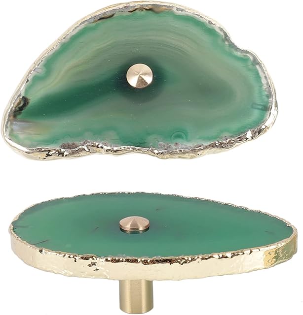 Nupuyai 2pcs Gold Plated Green Agate Slice Cabinet Knobs Set with Screws, Irregular Vintage Stone Agate Drawer Pulls Dresser Handle for Wardrobe Kitchen
