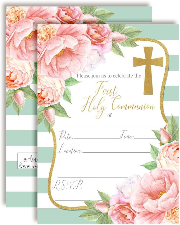 Watercolor Peony First Holy Communion Religious Party Invitations, 20 5x7 Fill In Cards with Twenty White Envelopes by AmandaCreation