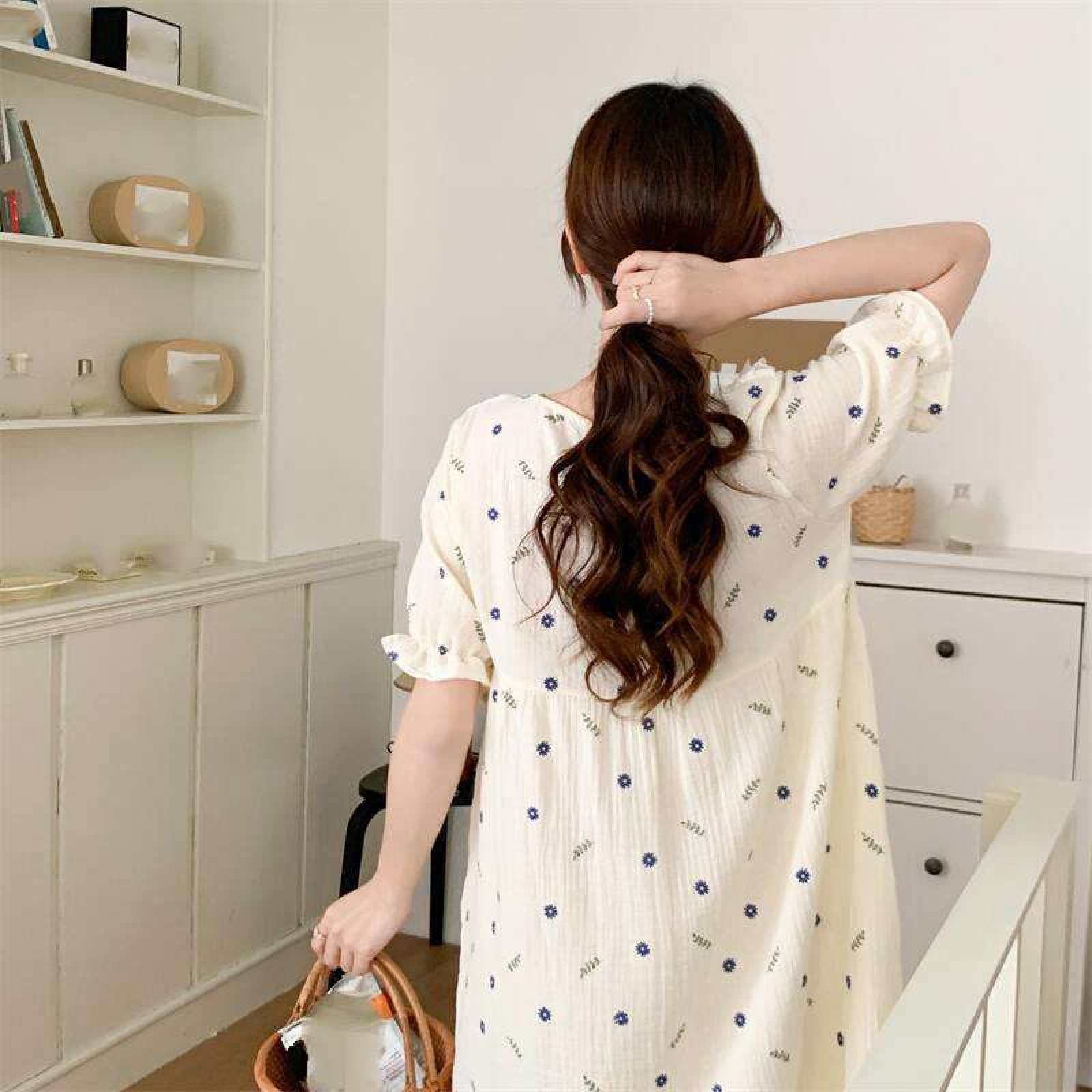 Damen-Nachthemd Aus Baumwoll-Jacquard, Loungewear – Sommer, Süßer Blumendruck, Spitze, Quadratischer Ausschnitt, Spitze, Kurzärmeliges Kleid, Schleifenknoten-Nachthemd, Homewear, Modisches Mädc