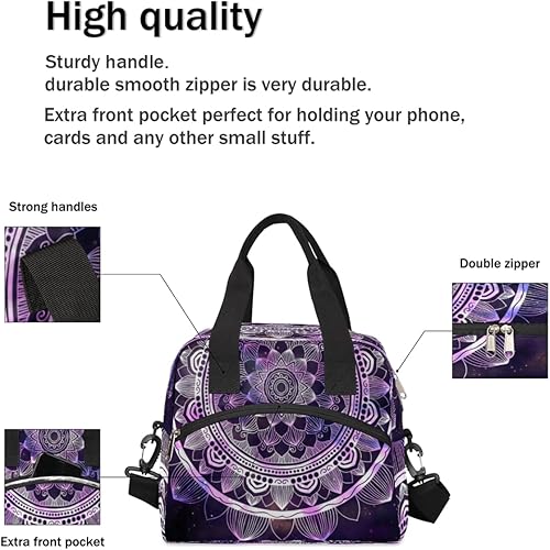 Miniatura 5 de Lonchera bohemia con mandala morada, bolsa aisladaenfriadora para mujeres, hombres, niñas, niños, flores étnicas, floral, bolsa de almuerzo con