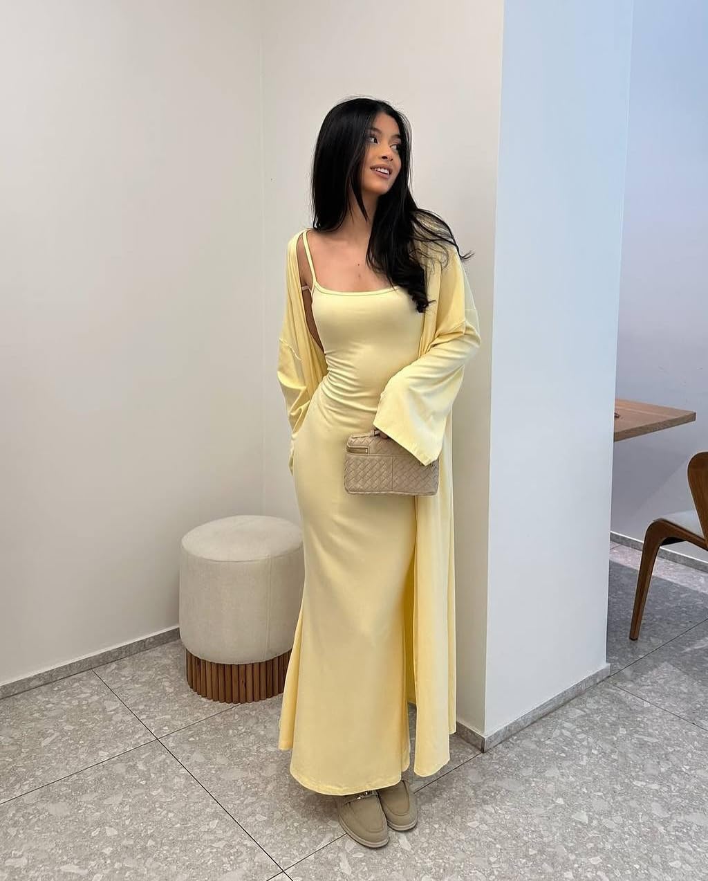 Conjunto 2 Piezas Mujer Conjunto De Dos Piezas Para Mujer Cárdigan Largo Abierto Por Delante Y Vestido Maxi Ajustado Sin Mangas Ropa De Estar Por Casa Elegante E Informal Conjunto A Juego Para Oto