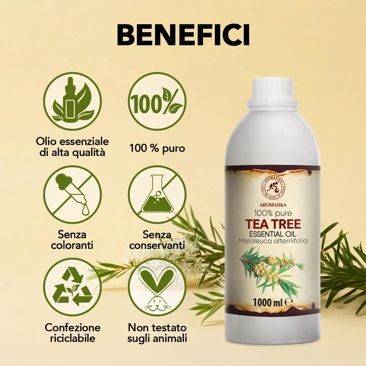 Olio Essenziale Dell'albero Del Tè 1000 ml - Melaleuca Alternifolia - Naturale e Puro - Olio essenziali per Diffusori - Profumi per la Casa - Saponi e Candele - Sauna - Aroma Fresco - Aromaterapia