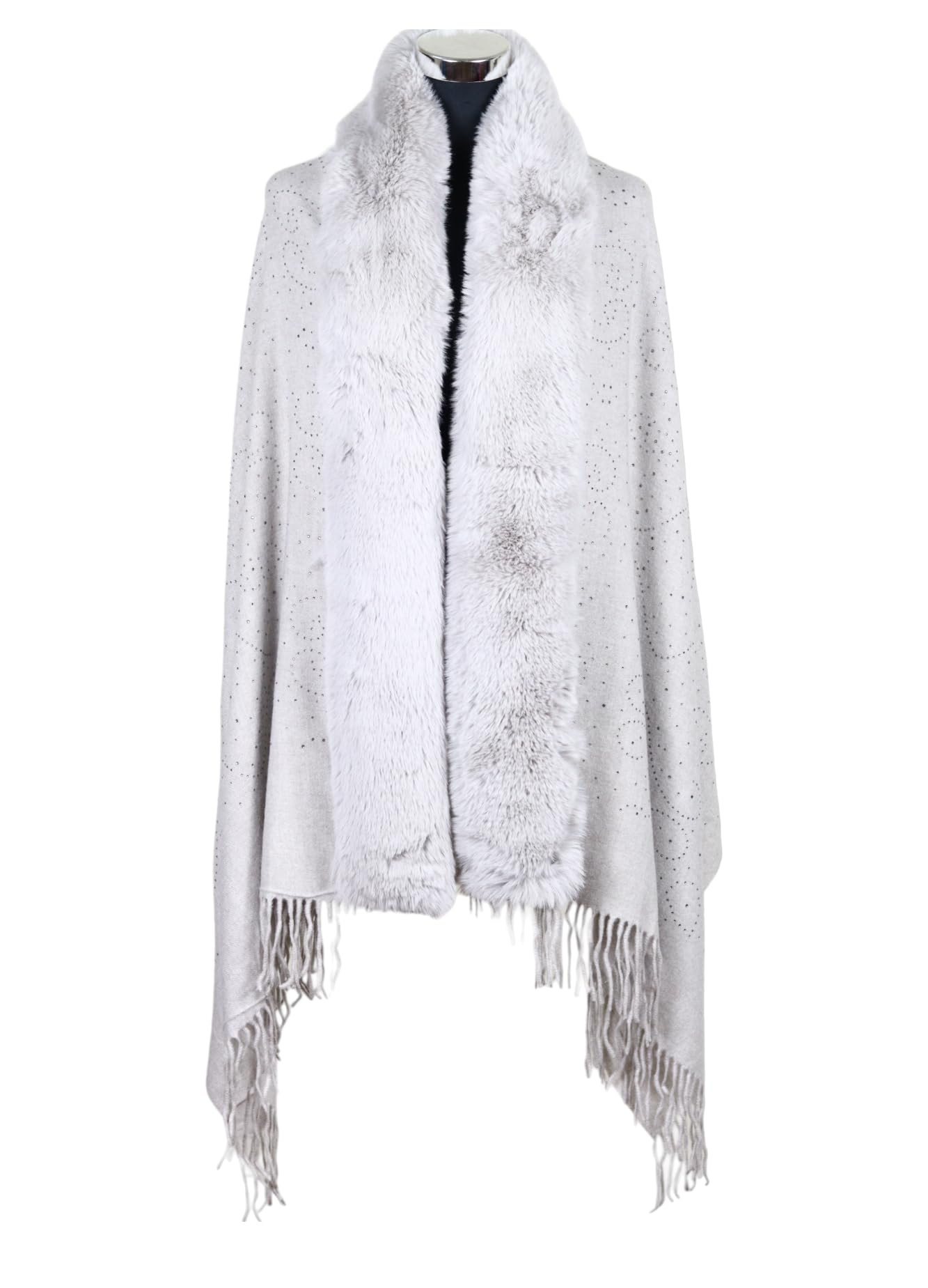 SKY CashmereWomen's Shawl Wrap Poncho Ruana Cap Open Front Shawls, Fur Collar, Faux Fur Shawl, With Stone Work