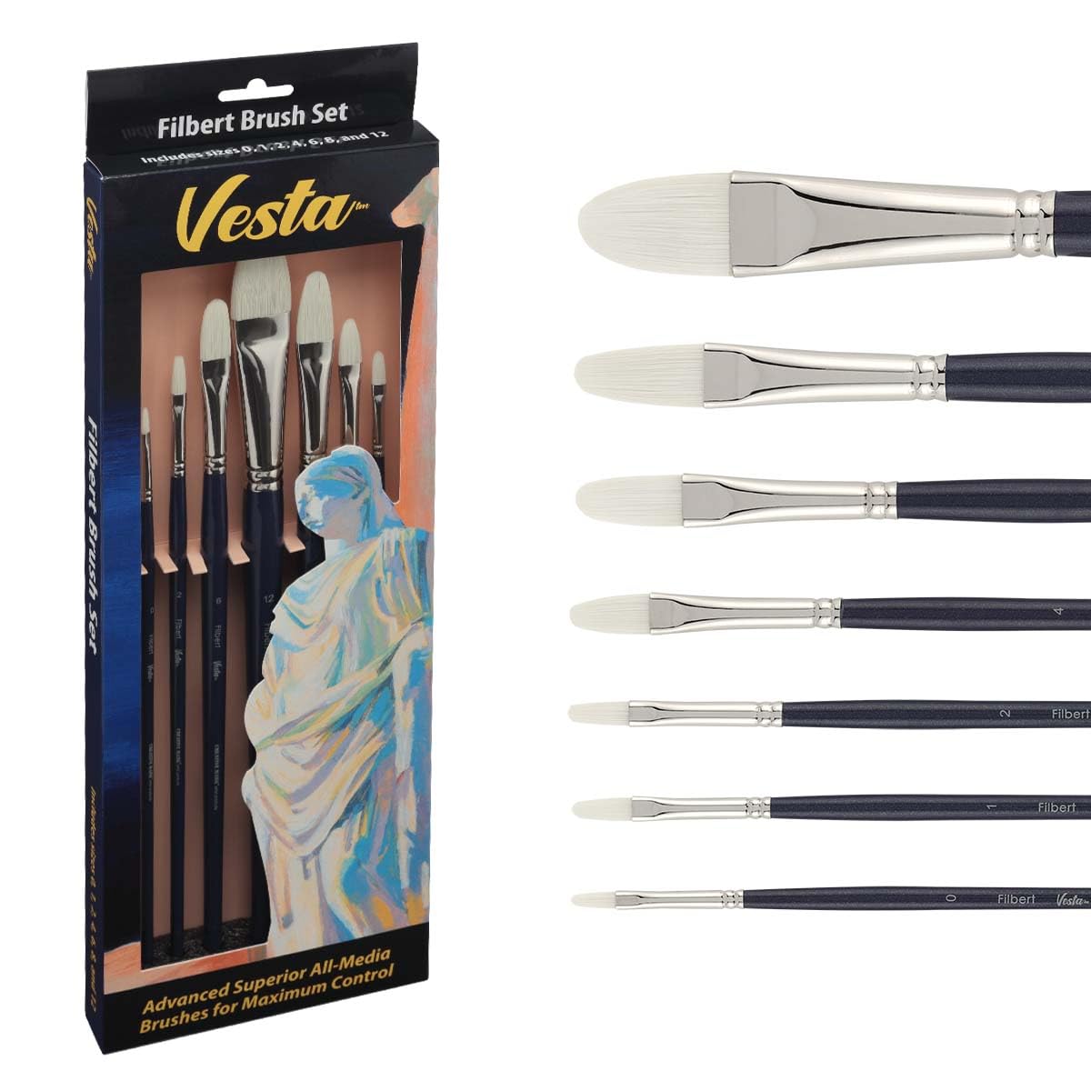 Creative MarkVesta Synthetic Bristle Artist Paint Brushes for Acrylic Painting - Long Handle Acrylic Paint Brush Set of 7 Mimics Chungking Bristles for Oils and Alkyds - Filbert Sizes 0,1,2,4,6,8,12