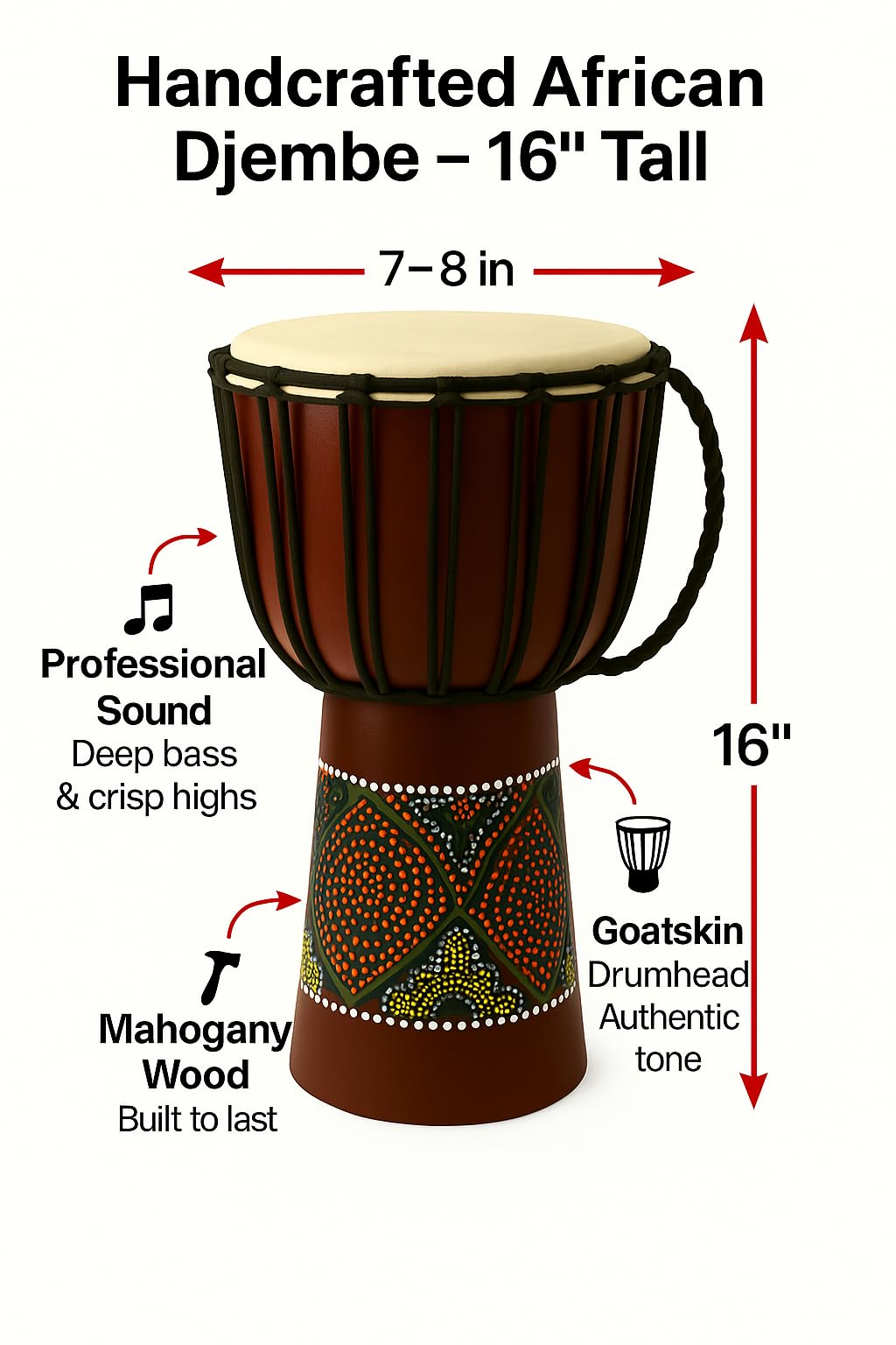 Djembe Drum – Solid Wood African Djembe - 16" Tall Percussion Drum with Goat Skin Head And Tribal Designs - Professional Quality/Sound - Not Made in China