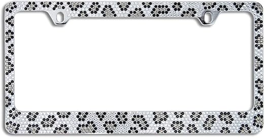 BLVD-LPF OBEY YOUR LUXURY Popular Bling 7 Row Crystal Metal Chrome License Plate Frame with Screw Caps (1, Grey Leopard)