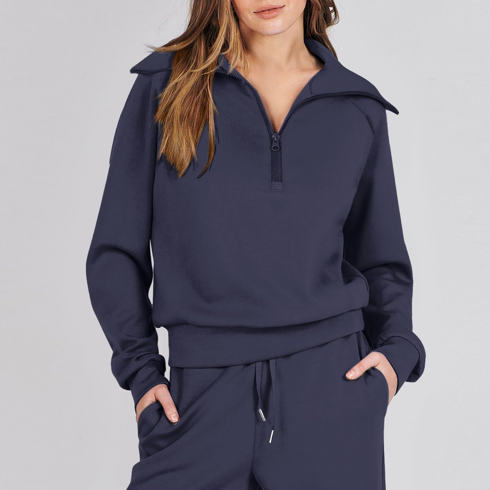 Generisch Tuta da donna in due pezzi da donna tuta sportiva 2 pezzi da donna felpa con cerniera quarta e gamba larga, pantaloni della tuta da donna, Blu marino, M