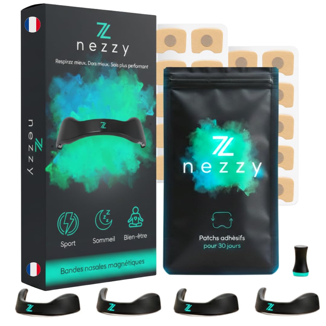 Nezzy Bandes Nasales Magnétiques – 4 Bandes Réutilisables à Vie + Patchs Adhésifs 30 Jours – Qualité Premium – Confort Respiratoire, Sommeil Réparateur, Sport, Anti-Ronflements - Marque française