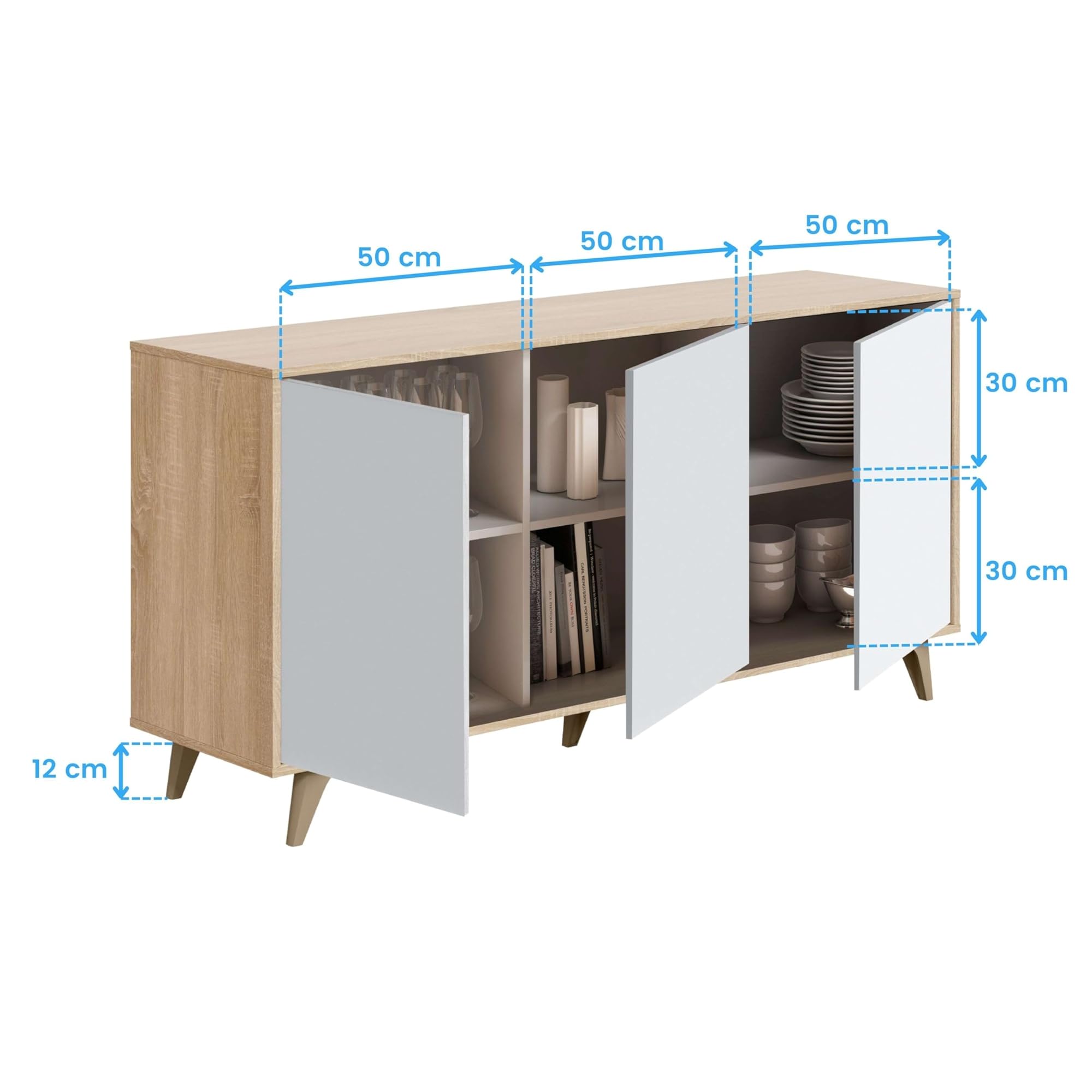 Habitdesign modèle Kikua Plus Buffet 3 portes pour salon, meuble d'appoint, finition blanche « Artik » et chêne canadien, dimensions : 154 x 75 x 40 cm (l x H x P).