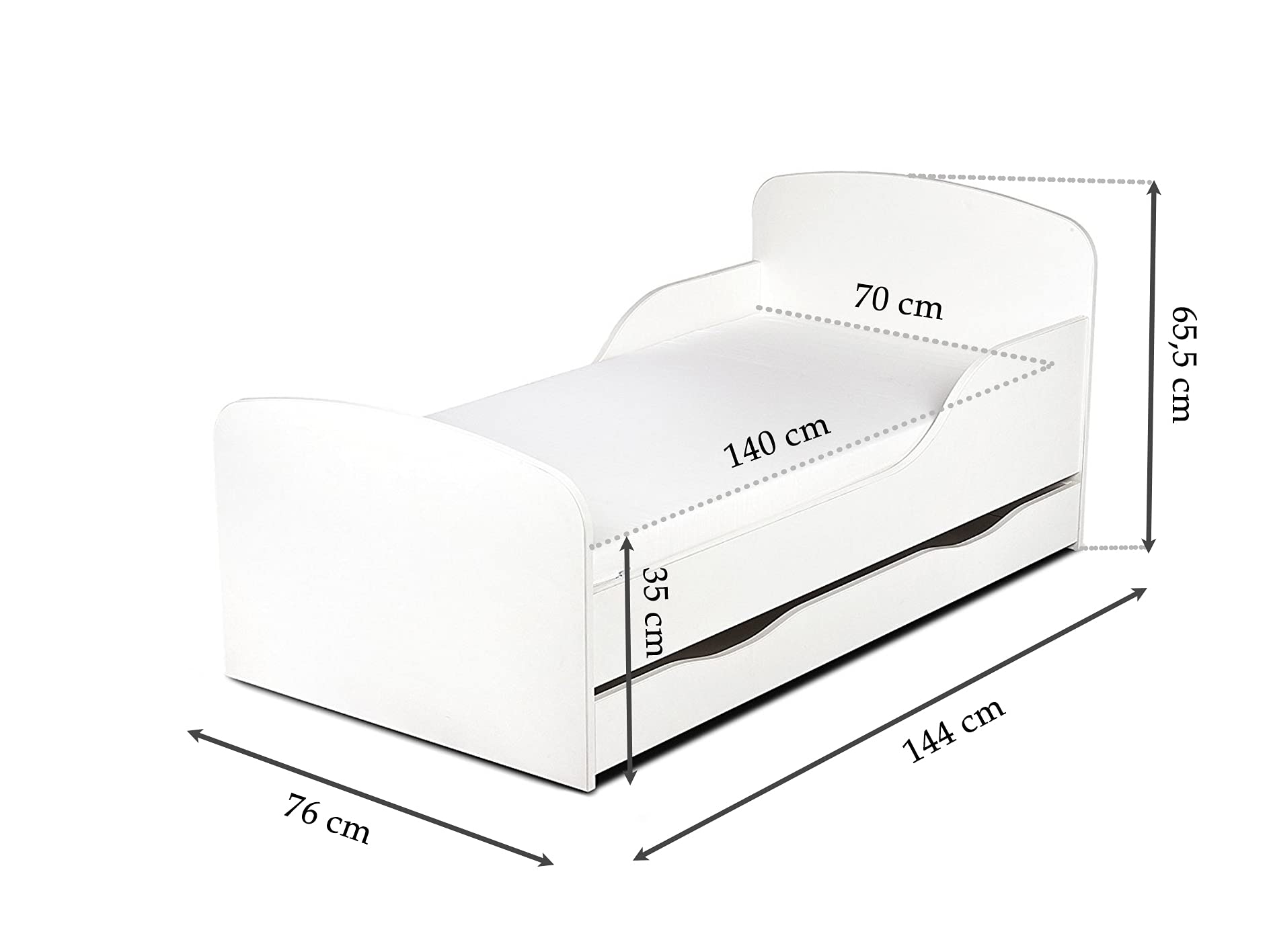Leomark Cama Infantil Completa de Madera - Mariposas - Marco de Cama, Colchón, Somier, cajón, Blanco Muebles para Niños, Moderno Dormitorio, Impresa Mobiliario, Espacio para Dormir: 140/70 cm