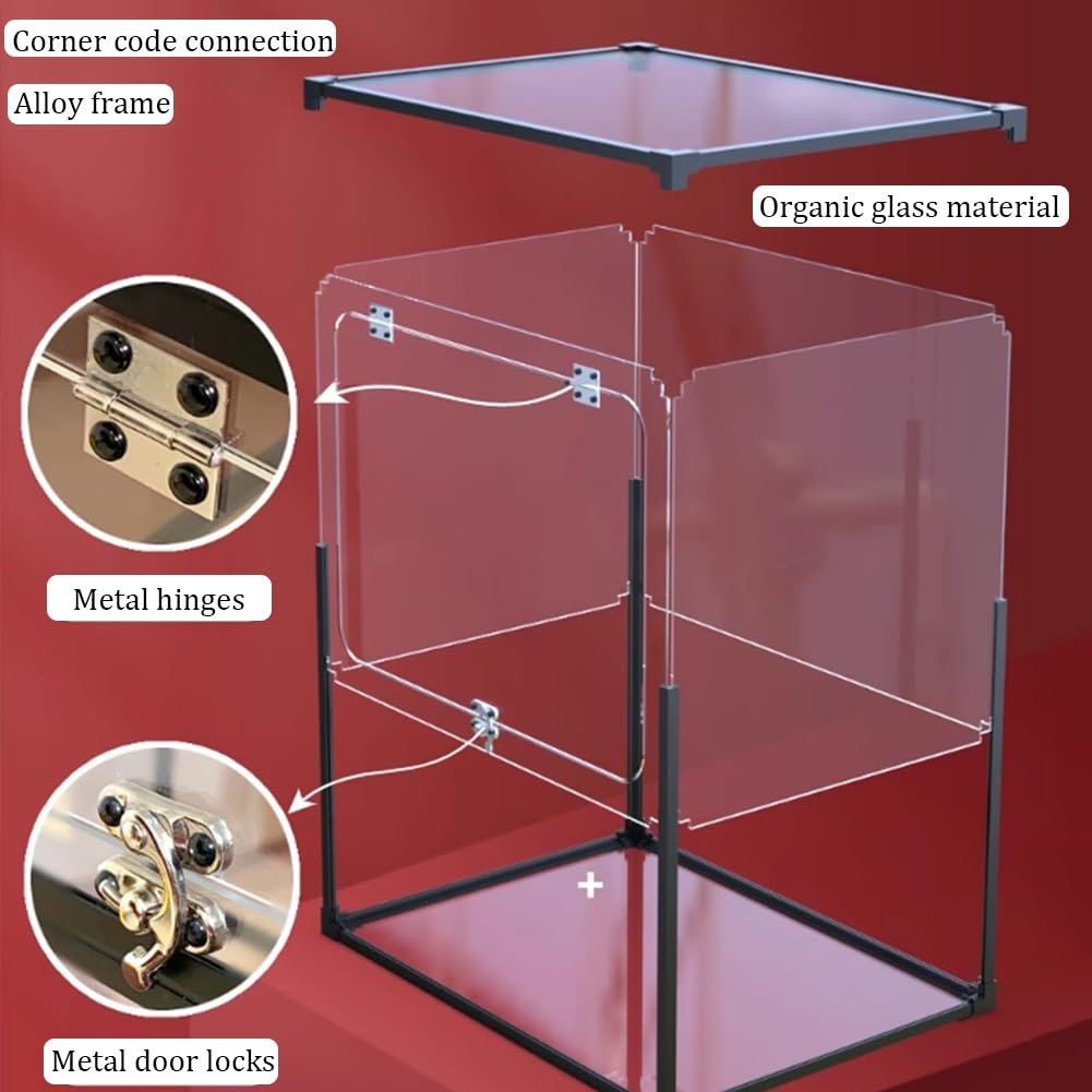 Vitrina Acrílico Transparente, Soporte Exhibición Vertical Ensamblable con Cerraduras Puerta Metal, Vitrina Protectora Apilable para Modelos Figuras Automóviles | Montaje de vitrina expositora vertical puerta cerradura; vitrina protectora apilable figuras
