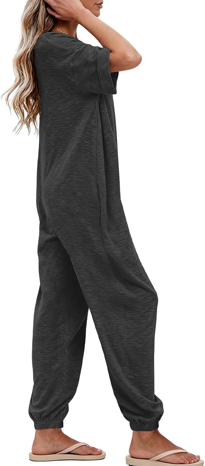 Nirovien Womens Short Sleeve Jumpsuits Casual V Neck Long Rompers Beam Foot Baggy Jumpers Summer Outfits - Image 4