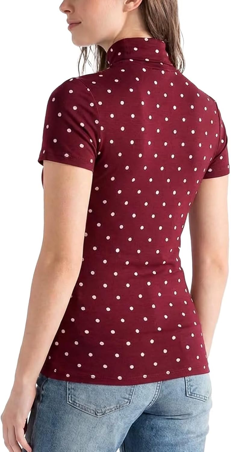 Zengjo Turtleneck Tops for Women Short Sleeve, Stretchy Slim Fitted Vintage Polka Dot Shirts, High Neck Layering Tee - Image 2