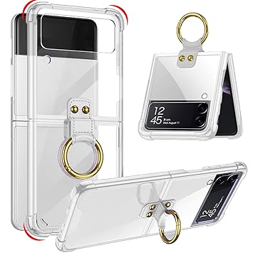 for Samsung Z Flip 3 Case with Ring, Clear Z Flip 3 Case with Stand, Slim Shockproof Anti-Scratch Protective Cover Case for Samsung Galaxy Z Flip 3 5G White