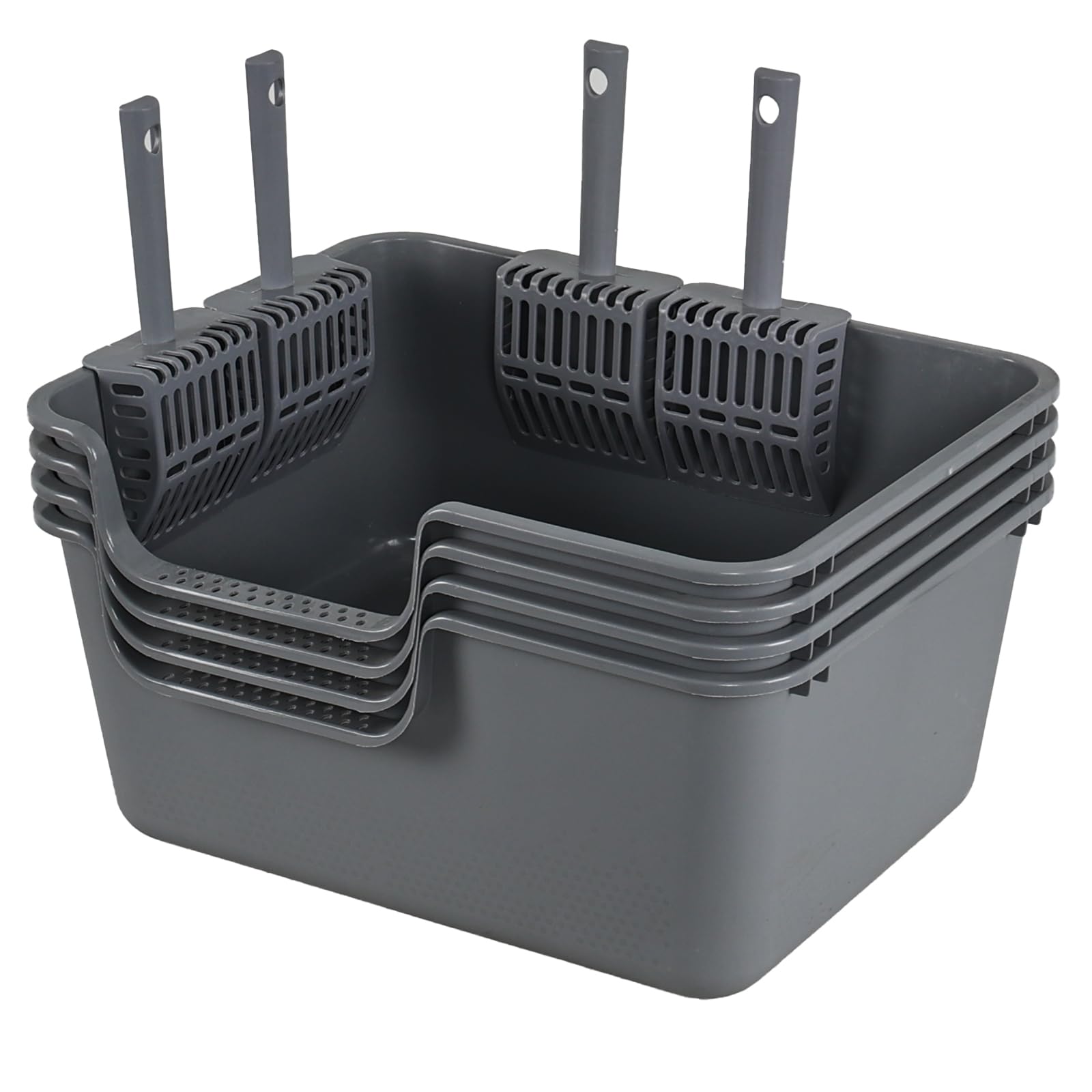 - Set of 4 Large Plastic Cat Litter Pan with Scoop, Cat Litter Box with High Sides Anti-Splashing, Gray