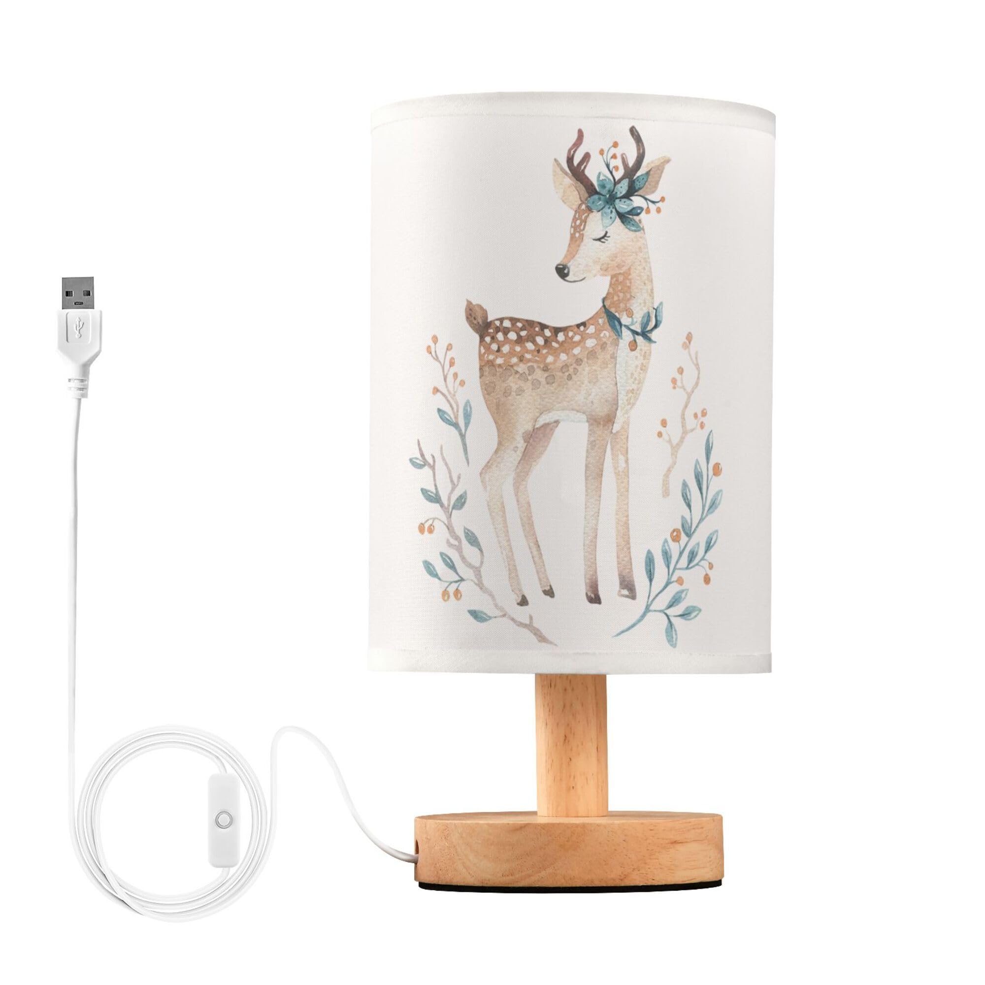 YYZZH Table Lamp Cute Baby Deer Animal in Floral Nightstand Lamp with Wood Base Fabric Lamp Shade Bedside Desk Lamp for Living Room Bedroom Kids Room Office