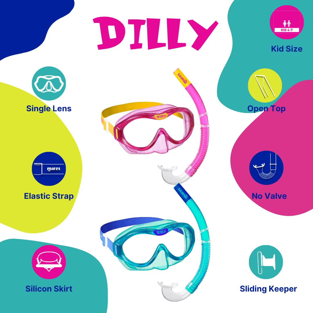 Mares Combo Dilly - Set maschera e boccaglio bambini 4-7 anni, maschera in TPE flessibile, lente morbida, boccaglio ergonomico in silicone